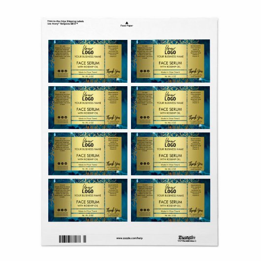Decoratief goud en blauw gezichtsserum etiket (Full Sheet)