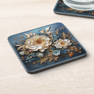 Decoratief goud en blauwgroen blauw bloemontwerp bier onderzetter