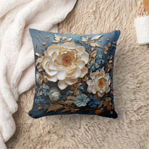 Decoratief goud en blauwgroen blauw bloemontwerp kussen
