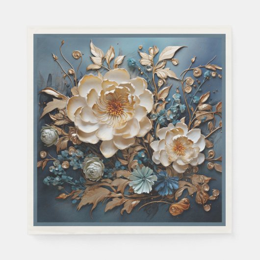 Decoratief goud en blauwgroen blauw bloemontwerp servet (Voorkant)