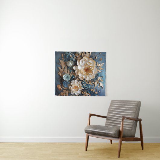 Decoratief goud en blauwgroen blauw bloemontwerp wandkleed (In Situ (horizontaal))