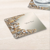 Decoratief Goud Wit Bloemen Papier Onderzetter (Schuin)