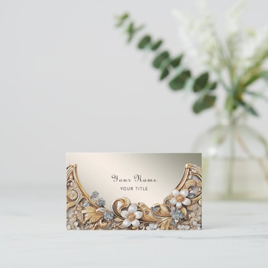 Decoratief Goud Wit Bloemen Visitekaartje (Staand voorkant)