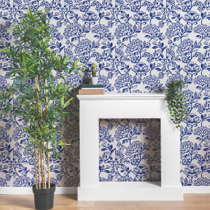 Decoratief Grieks blauw bloemlijnpatroon Behang