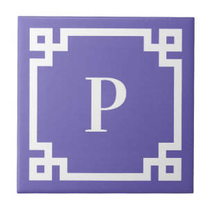 Decoratief Grieks sleutelgrensmonogram Periwinkle Tegeltje
