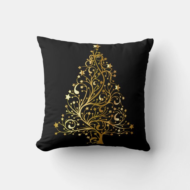 Decoratief kerstgoud glitter Tree Black Kussen (Voorkant)