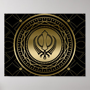 Decoratief Khanda symbool goud op zwart Poster