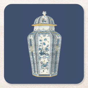 Decoratieve Aziatische Urn in Blauw & Wit Vierkante Kartonnen Onderzetter