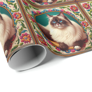Decoratieve Birman Kat Kleurrijke Bloemen Rand Cadeaupapier