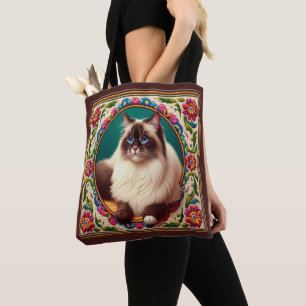 Decoratieve Birman Kat Kleurrijke Bloemen Rand Draagtas