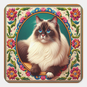 Decoratieve Birman Kat Kleurrijke Bloemen Rand Vierkante Sticker