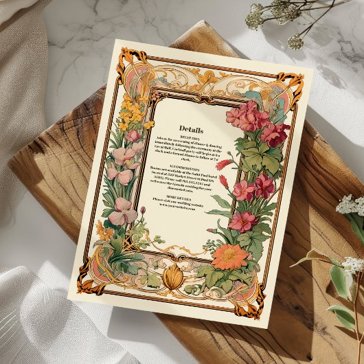 Decoratieve Bloemen Art Nouveau bruiloft Informatiekaartje