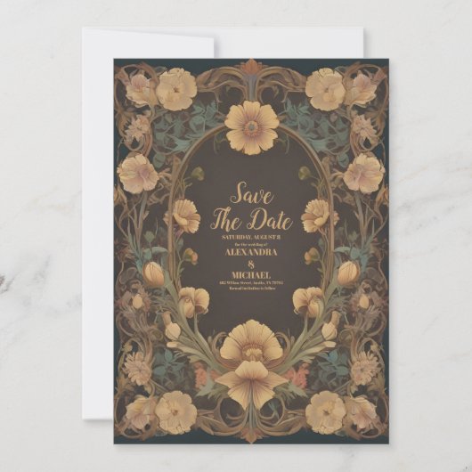 Decoratieve Bloemen Art Nouveau bruiloft Save The Date (Voorkant)