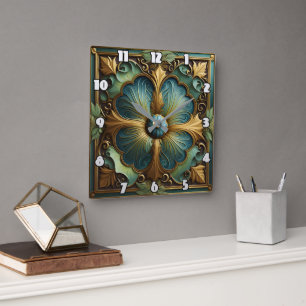 Decoratieve bloemenpaneel met turquoise en goud vierkante klok