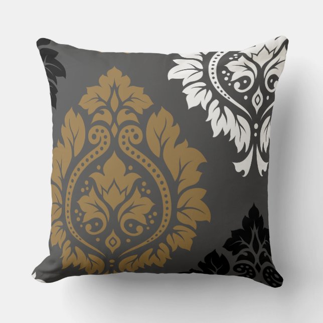 Decoratieve Damask Art I Gold Black White op grijs Kussen (Voorkant)
