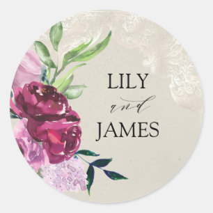Decoratieve duif grijs, wijn en roze rozen Weddens Ronde Sticker