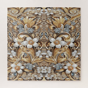 Decoratieve Gouden Witte Bloemen Jigsaw Puzzel