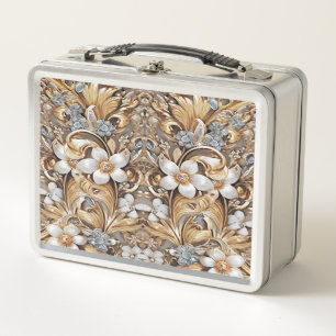 Decoratieve Gouden Witte Bloemen Metalen Lunchbox