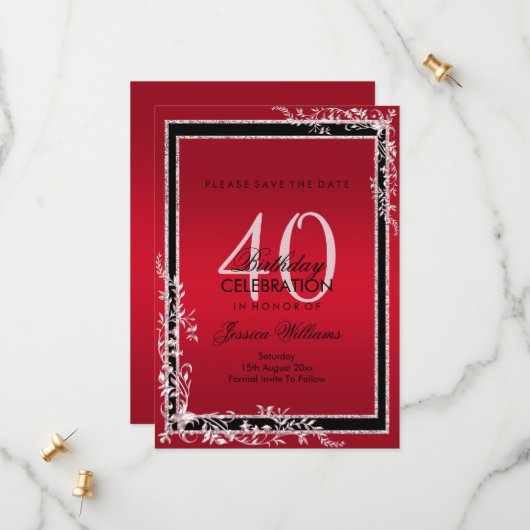 Decoratieve hoeken Ruby en Black Birthday Save The Date (Voorkant / Achterkant in situ)