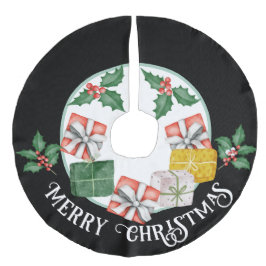 Decoratieve kerstkopie met cadeautjes en holly imitatie linnen kerstboom kleed