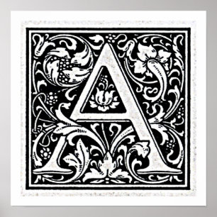 Decoratieve letter "A" Woodcut Woodblock Inital Poster