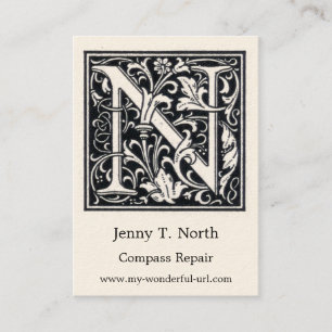 Decoratieve letter "N Woodcut Woodblock Initiaal Visitekaartje