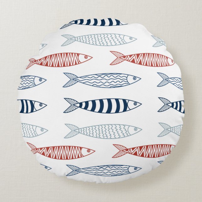 Decoratieve mediterrane sardines vispatroon rond kussen (Voorkant)