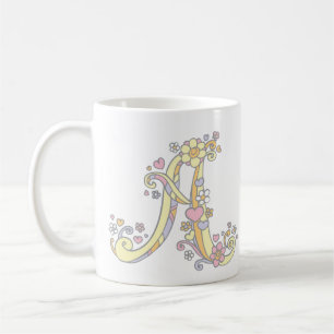 Decoratieve monogram A harten en bloemen mok