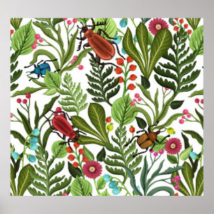 Decoratieve Planten en Insecten: Naadloos Ontwerp. Poster