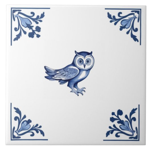 Decoratieve Uil met Delfts Blauw en Witte Hoeken Tegeltje (Voorkant)