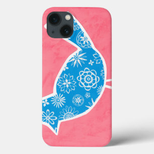 Decoratieve vogel met patronen op roze achtergrond iPhone 13 hoesje
