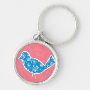 Decoratieve vogel met patronen op roze achtergrond sleutelhanger