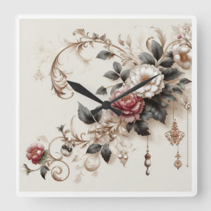 Decoratieve wandklok, Sophisticated Floral Vierkante Klok