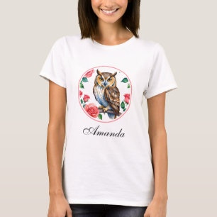 Decoratieve Waterverf Uil met Rozen T-shirt
