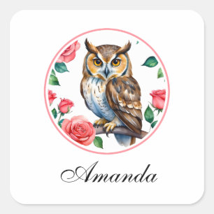 Decoratieve Waterverf Uil met Rozen Vierkante Sticker