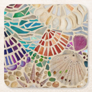 Decoratieve zeeschelpen vierkante kartonnen onderzetter