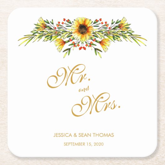 Decoratieve Zomer Bloemen Bruiloft Vierkante Kartonnen Onderzetter (Voorkant)