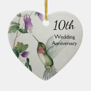 Décoration En Céramique 10e anniversaire Coeur de fleurs d'oiseaux doux