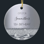 Décoration En Céramique 18th birthday decor silver sparkle bow metallic<br><div class="desc">Modern, stylish and glamorous for a girl's 18th birthday party. A faux silver metallic looking background with an elegant faux silver bow, ribbon and sparkle. The name is written with a modern black hand lettered style script. Template for a date (date of birth or the date of the party) and...</div>