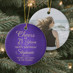 Décoration En Céramique 1 Photo N'IMPORTE QUEL Anniversaire Brossé Purple<br><div class="desc">Bonjour et Joyeux anniversaire ! Célébrez un joyeux anniversaire d'étape avec une photo personnalisée en céramique violet et dorée ronde ornement. Tout le libellé de ce modèle (y compris "Cheers to 21 Years") est mis en place pour un 21ème anniversaire, mais est simple à personnaliser pour n'importe quelle année ou...</div>