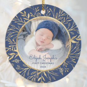 Décoration En Céramique 1er Noël de bébé Photo Feuille d'or Bleu marine