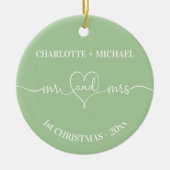 Décoration En Céramique 1er Noël jeunes mariés noms coeur sage vert (Devant)