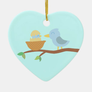 Décoration En Céramique 1er Noël : Oiseau bleu avec bébé nouvellement éclo