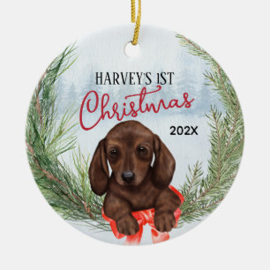 Décoration En Céramique 1er Noël Wreath Chocolat Brown Dachshund Pup