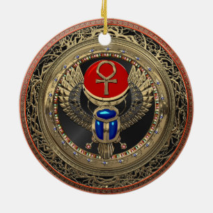 Décoration En Céramique [200] Sacred Gold Egyptian Winged Scarab with Ankh