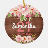 Décoration En Céramique 21e anniversaire bois brun rustique fleurs roses (Devant)