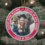 Décoration En Céramique 2 Photo Graduation Elegant Red Gray Black & White<br><div class="desc">Commemorate the graduate's achievement with an elegant scarlet red and gray custom two photo round graduation Christmas ornament. Pictures and all text are simple to customize and can be different on front and back. (IMAGE & TEXT DESIGN TIPS: 1) To adjust position of wording, add spaces at beginning or end....</div>