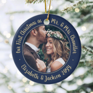 Décoration En Céramique 2 Photo Mr & Mrs 1st Christmas Script Marine & Gol