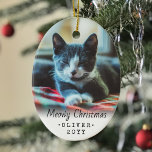 Décoration En Céramique 2 Photo N'Importe Quel Texte Meowy Christmas Cat S<br><div class="desc">Célébrez les joies simples de votre membre de la famille furry avec un ornement en céramique ovale photo 2 personnalisé. Les images de texte et de chaton sur ce modèle sont simples à personnaliser et peuvent être différentes ou identiques sur l'avant et le dos. Si vous préférez, changez "Meowy Christmas"...</div>