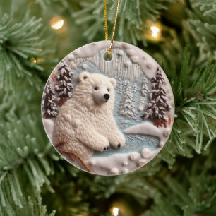 Décoration En Céramique 3D Brodé Look Ours polaire Noël hiver
